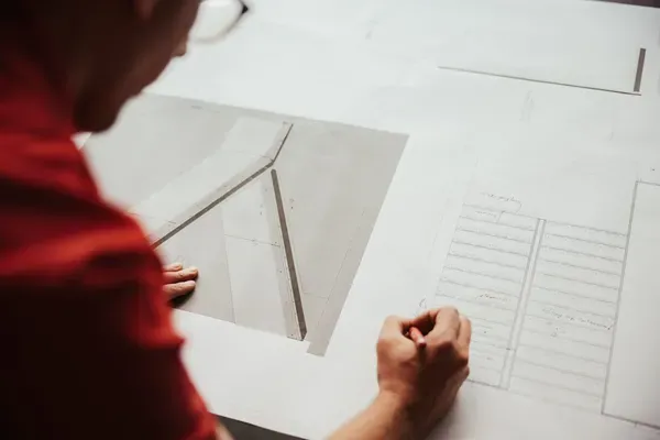 Person in roter Arbeitskleidung bearbeitet große technische Zeichnungen eines Metallbauunternehmens aus Südtirol; eine Hand liegt auf dem Blatt, die andere zeichnet.